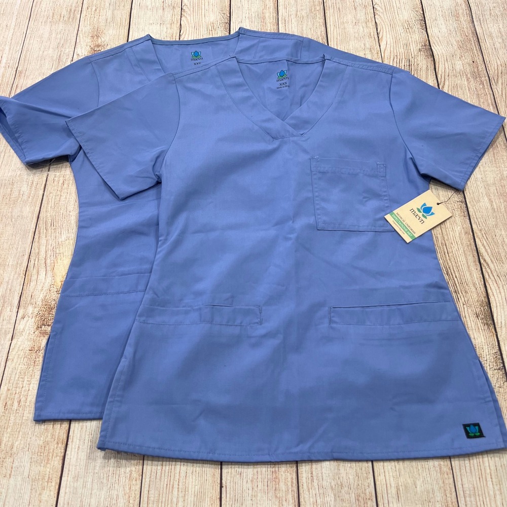 Maevn Medical Uniforms Scrub‎ Tops Blue V-Neck XXS Lot of 2 NWT CBL 1626